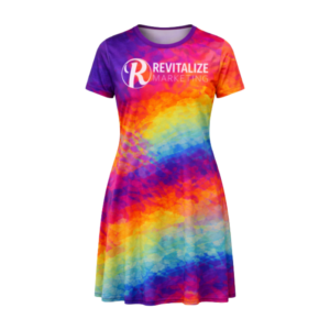Custom sublimated short sleeve dress with vibrant rainbow colours and Revitalize Marketing logo